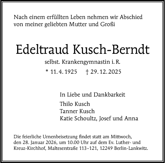 Traueranzeige von Edeltraud Kusch-Berndt von Berliner Morgenpost