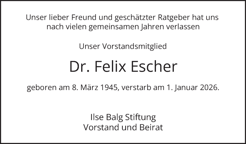  Traueranzeige für Felix Escher vom 17.01.2026 aus Berliner Morgenpost