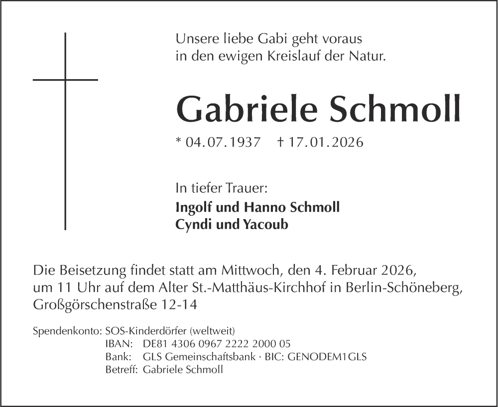  Traueranzeige für Gabriele Schmoll vom 24.01.2026 aus Berliner Morgenpost