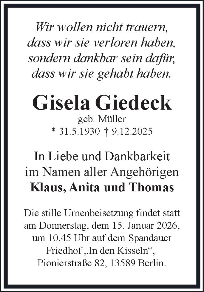  Traueranzeige für Gisela Giedeck vom 10.01.2026 aus 