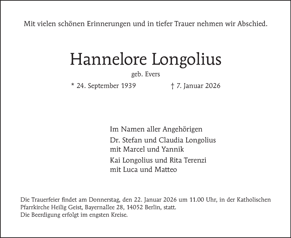  Traueranzeige für Hannelore Longolius vom 17.01.2026 aus Berliner Morgenpost