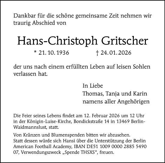 Traueranzeige von Hans-Christoph Gritscher von Berliner Morgenpost
