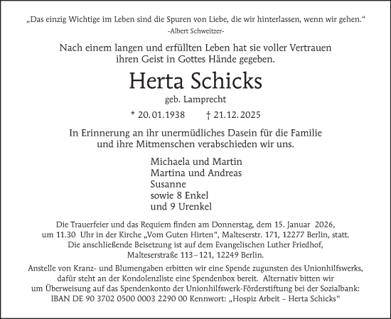 Traueranzeige von Herta Schicks von Berliner Morgenpost