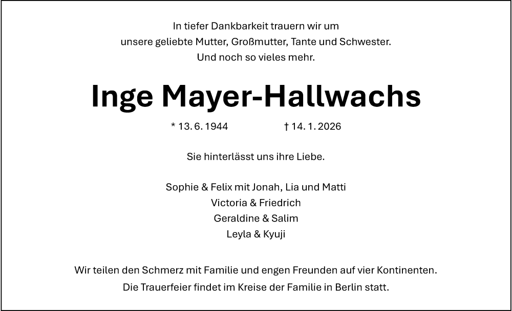  Traueranzeige für Inge Mayer-Hallwachs vom 24.01.2026 aus Berliner Morgenpost