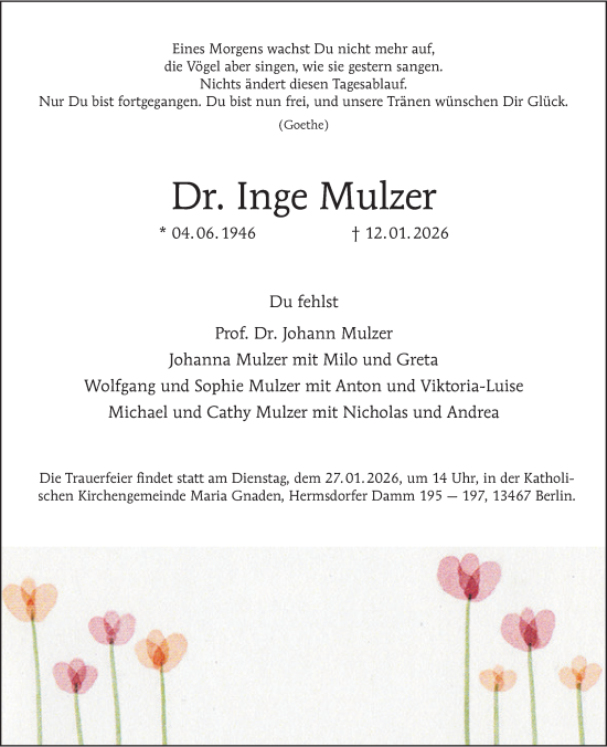 Traueranzeige von Inge Mulzer von Berliner Morgenpost