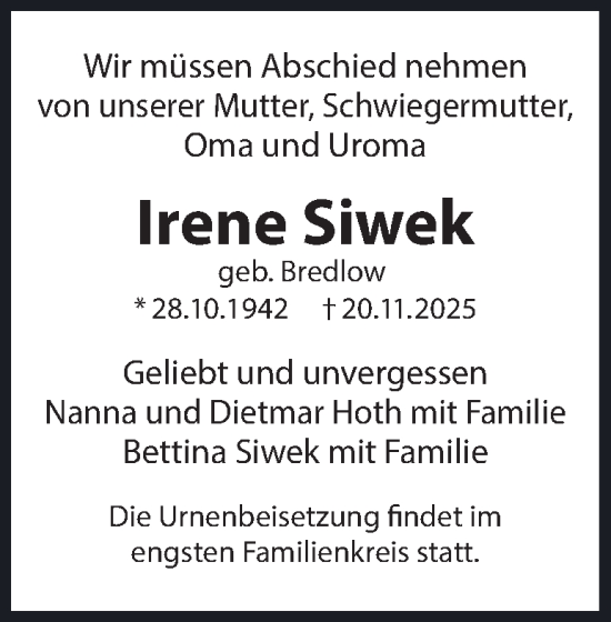 Traueranzeige von Irene Siwek 