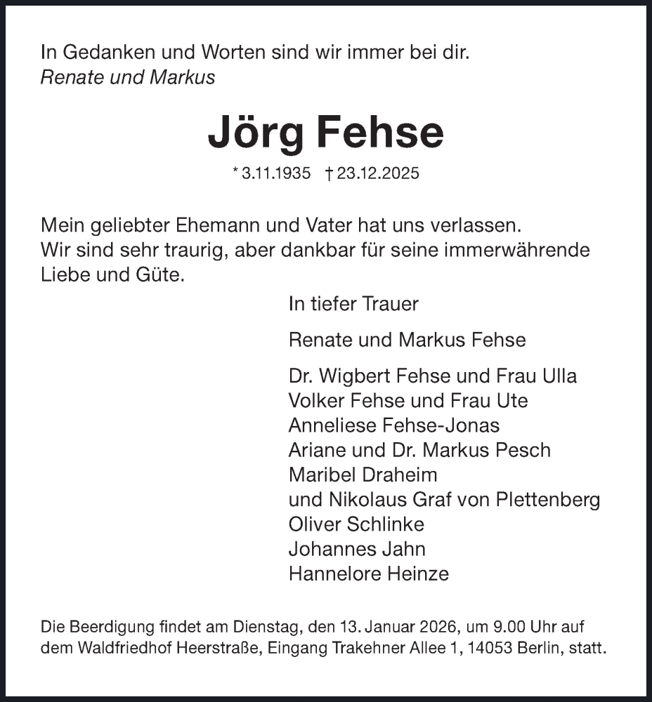  Traueranzeige für Jörg Fehse vom 10.01.2026 aus 