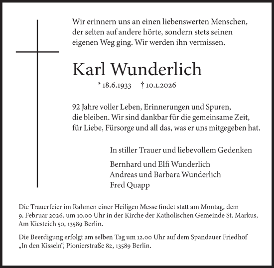 Traueranzeige von Karl Wunderlich 