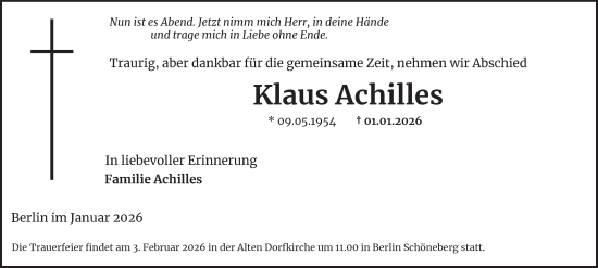Traueranzeige von Klaus Achilles von Berliner Morgenpost