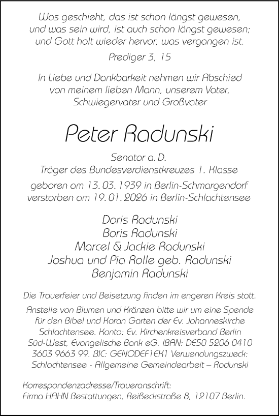 Traueranzeige von Peter Radunski von Berliner Morgenpost