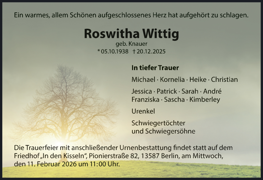  Traueranzeige für Roswitha Wittig vom 17.01.2026 aus 