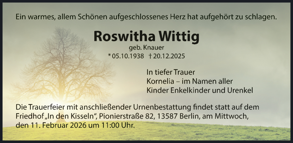  Traueranzeige für Roswitha Wittig vom 10.01.2026 aus 