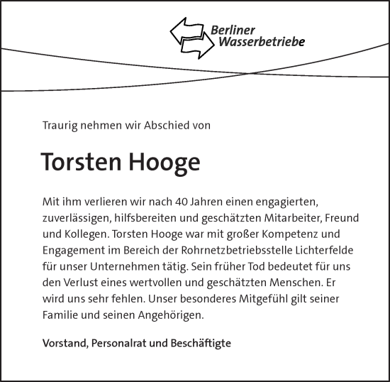 Traueranzeige von Torsten Hooge von Berliner Morgenpost
