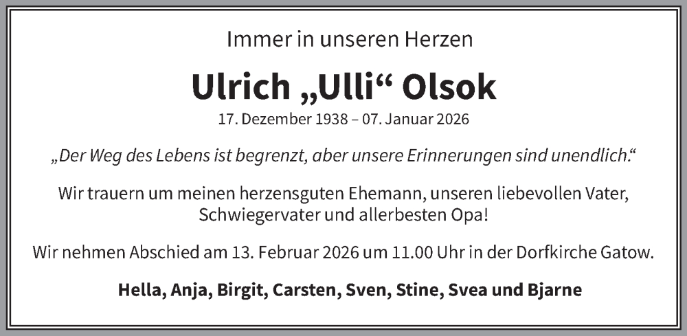  Traueranzeige für Ulrich Olsok vom 31.01.2026 aus 