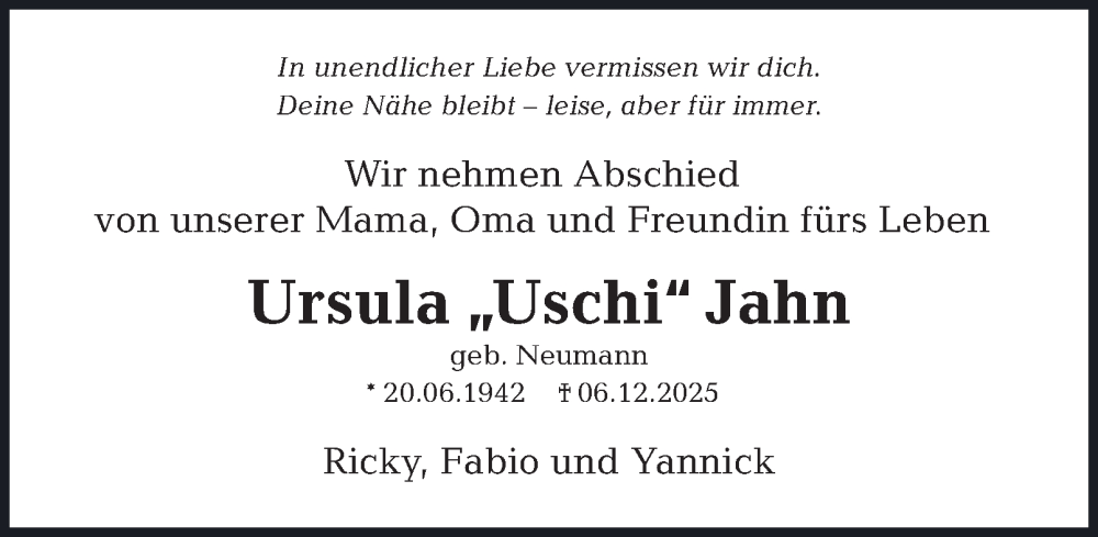  Traueranzeige für Ursula Jahn vom 17.01.2026 aus 
