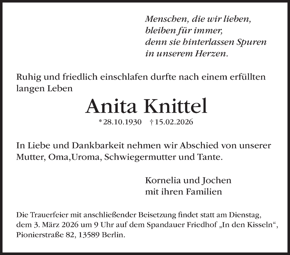  Traueranzeige für Anita Knittel vom 28.02.2026 aus 