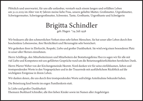 Traueranzeige von Brigitta Schindler 