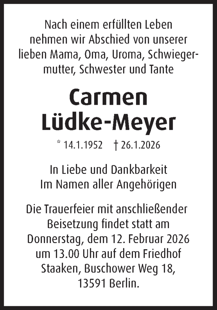  Traueranzeige für Carmen Lüdke-Meyer vom 07.02.2026 aus 