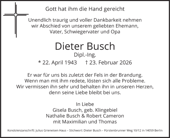 Traueranzeige von Dieter Busch von Berliner Morgenpost