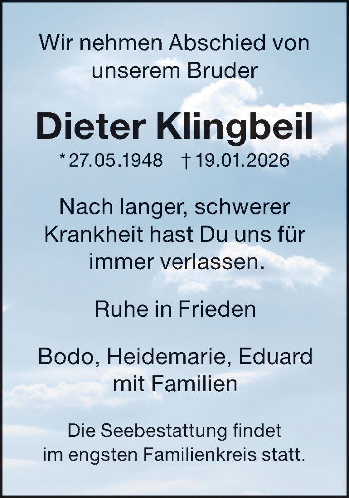  Traueranzeige für Dieter Klingbeil vom 07.02.2026 aus 