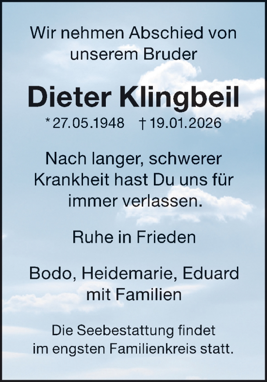 Traueranzeige von Dieter Klingbeil 