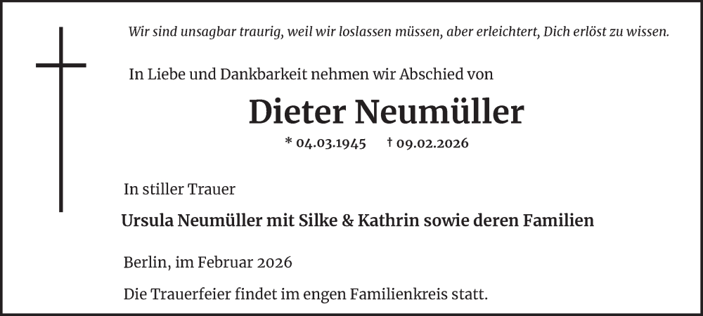  Traueranzeige für Dieter Neumüller vom 21.02.2026 aus Berliner Morgenpost