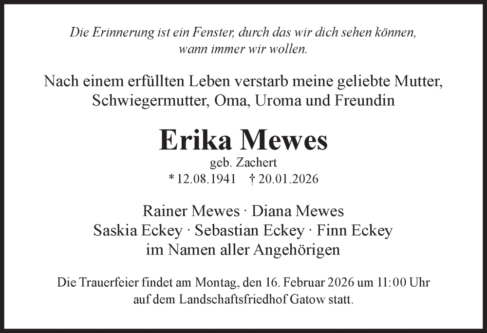  Traueranzeige für Erika Mewes vom 07.02.2026 aus 