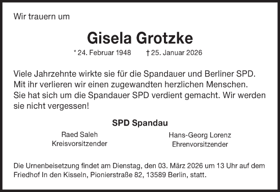Traueranzeige von Gisela Grotzke 