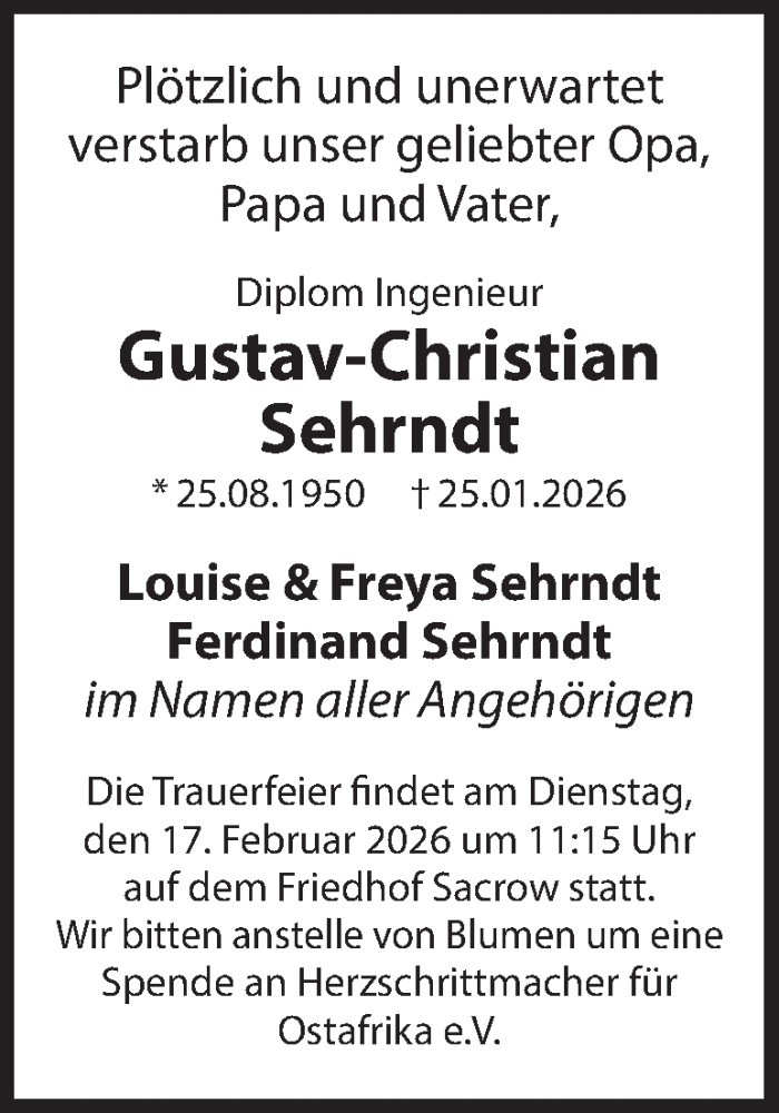  Traueranzeige für Gustav-Christian Sehrndt vom 14.02.2026 aus 