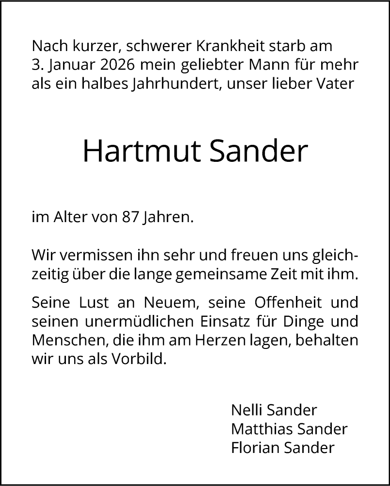  Traueranzeige für Hartmut Sander vom 07.02.2026 aus Berliner Morgenpost