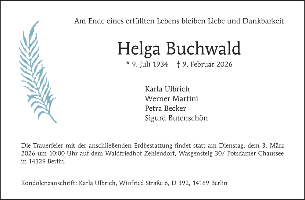  Traueranzeige für Helga Buchwald vom 21.02.2026 aus Berliner Morgenpost