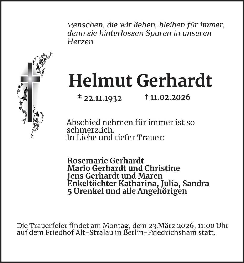  Traueranzeige für Helmut Gerhardt vom 21.02.2026 aus Berliner Morgenpost