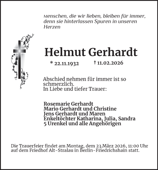 Traueranzeige von Helmut Gerhardt von Berliner Morgenpost
