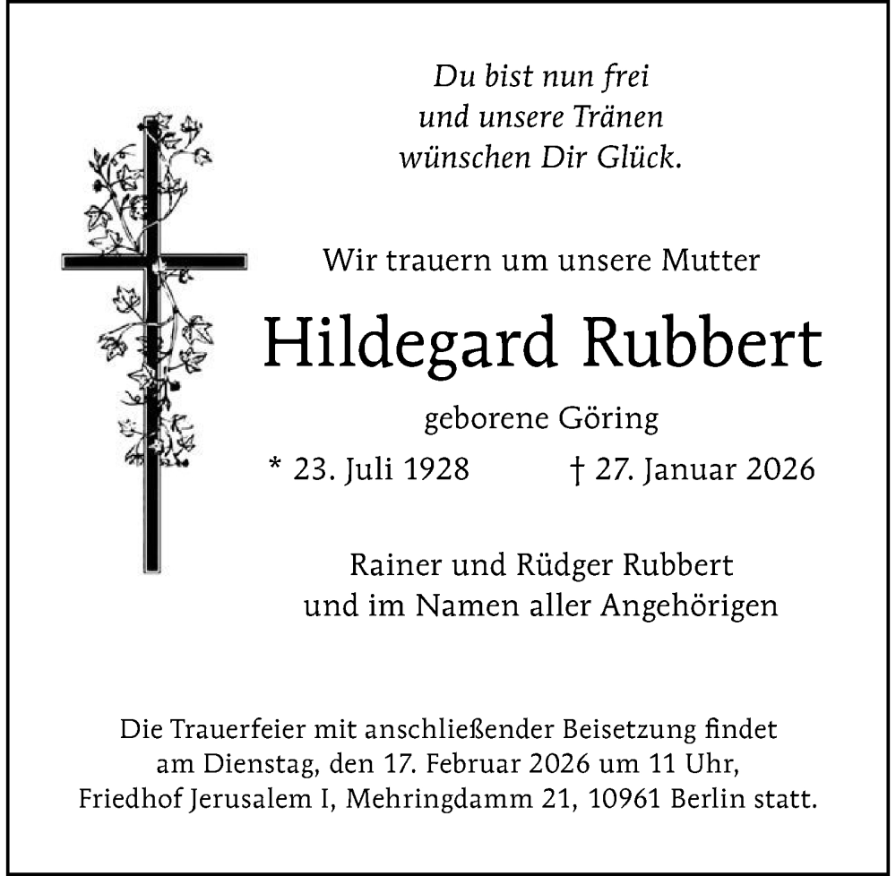  Traueranzeige für Hildegard Rubbert vom 07.02.2026 aus Berliner Morgenpost