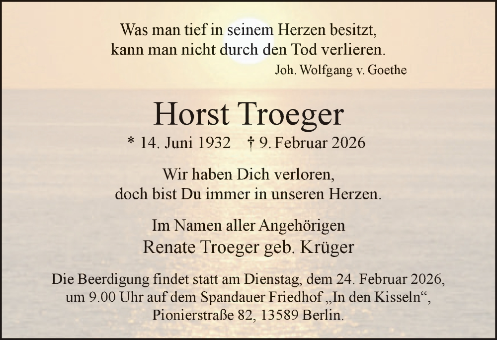  Traueranzeige für Horst Troeger vom 21.02.2026 aus 
