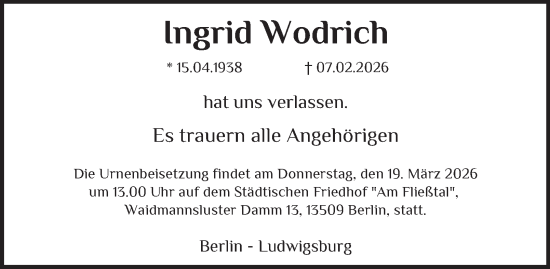 Traueranzeige von Ingrid Wodrich von Berliner Morgenpost