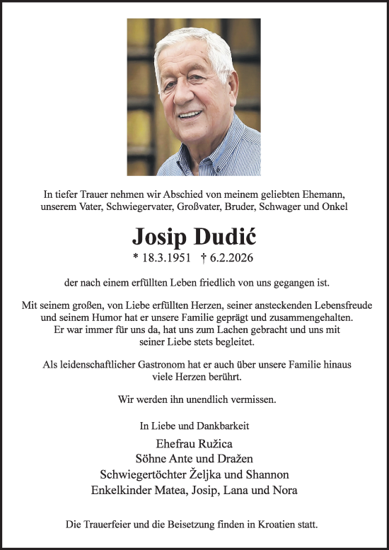 Traueranzeige von Josip Dudic 