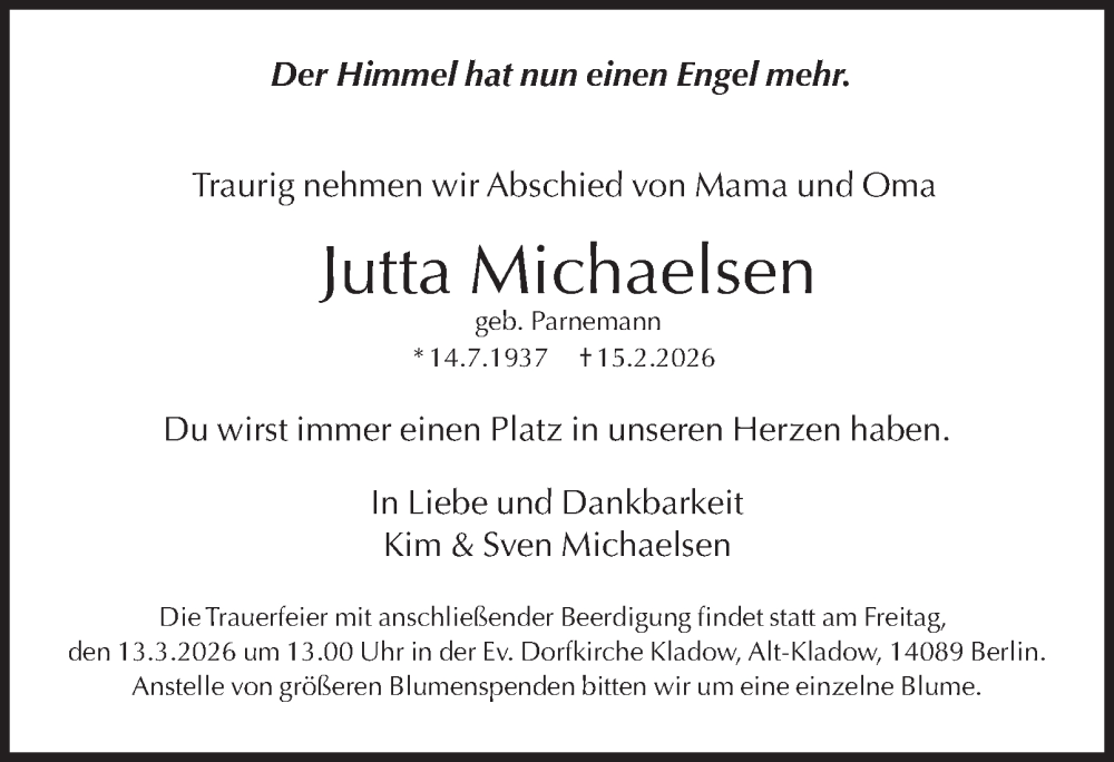  Traueranzeige für Jutta Michaelsen vom 28.02.2026 aus 