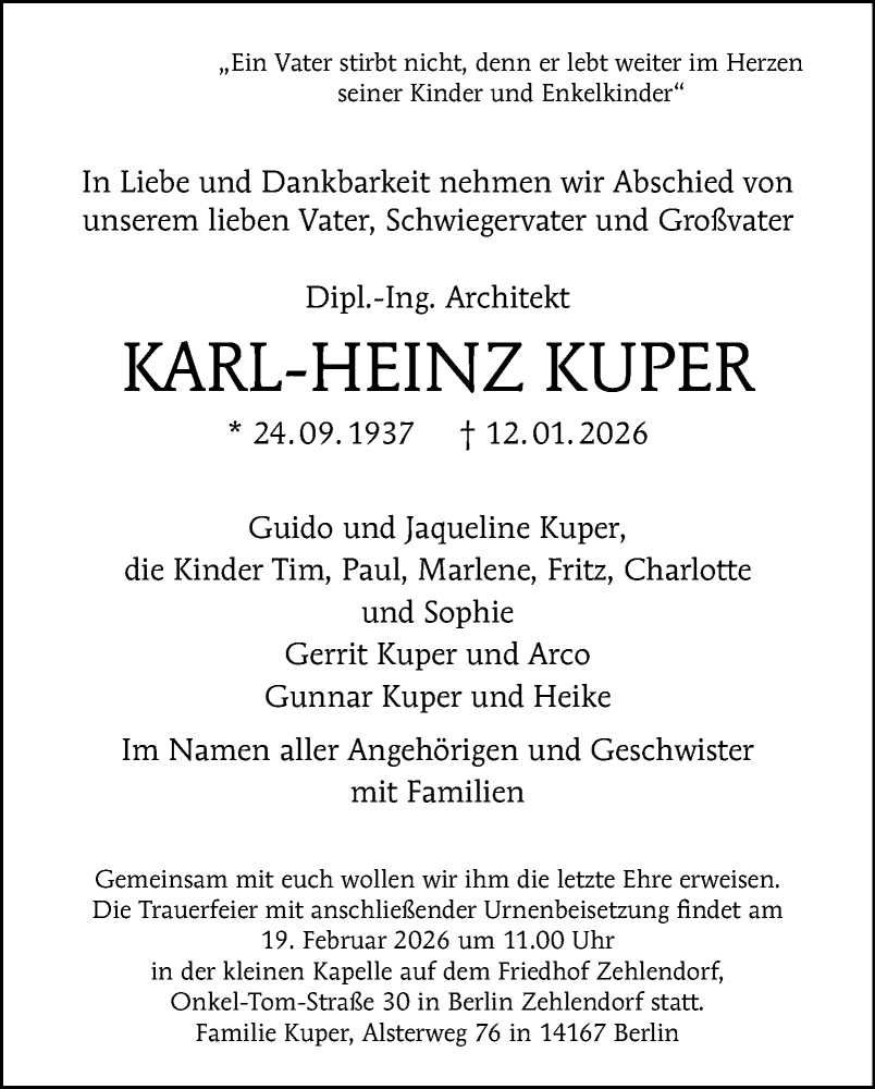  Traueranzeige für Karl-Heinz Kuper vom 14.02.2026 aus Berliner Morgenpost