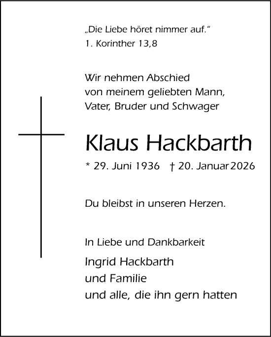 Traueranzeige von Klaus Hackbarth von Berliner Morgenpost