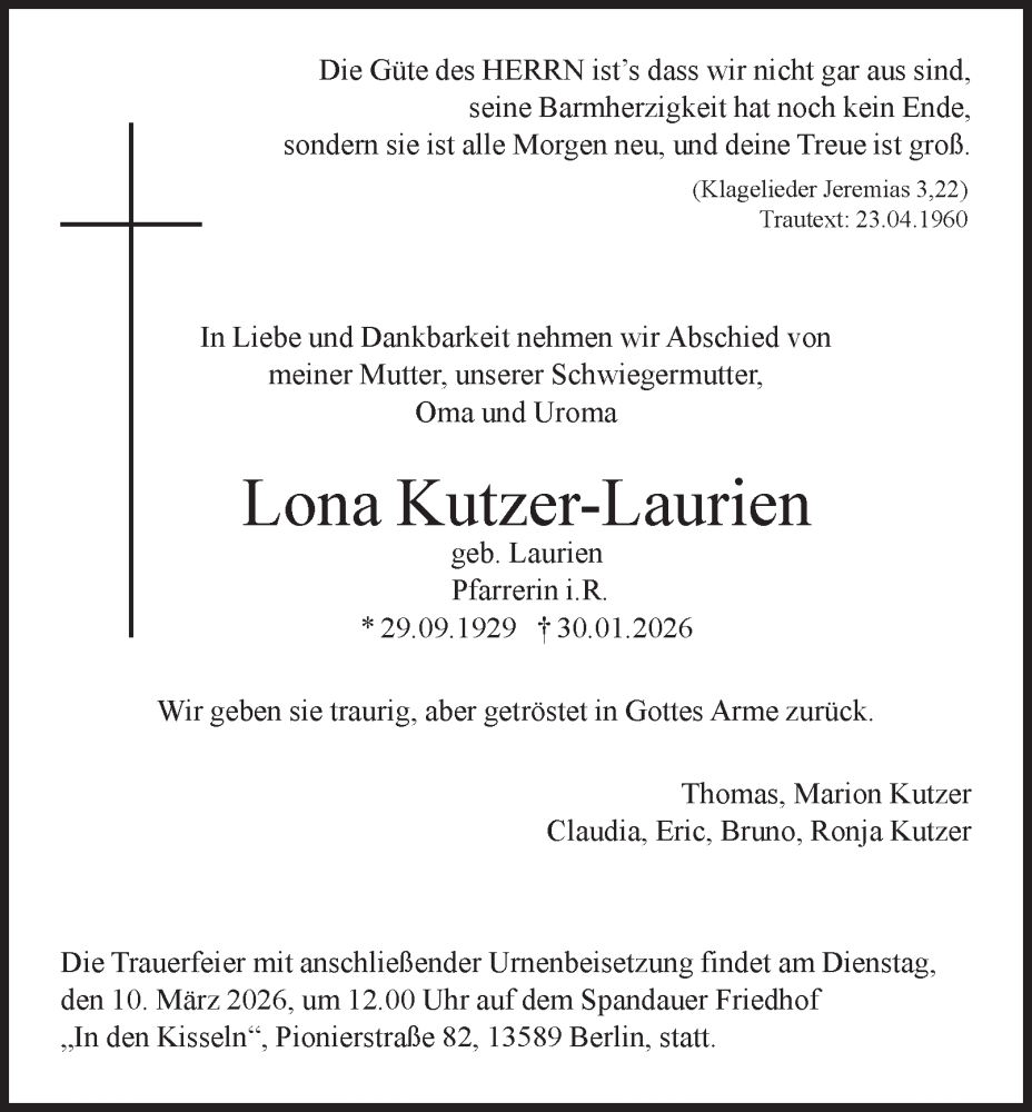  Traueranzeige für Lona Kutzer-Laurien vom 21.02.2026 aus 