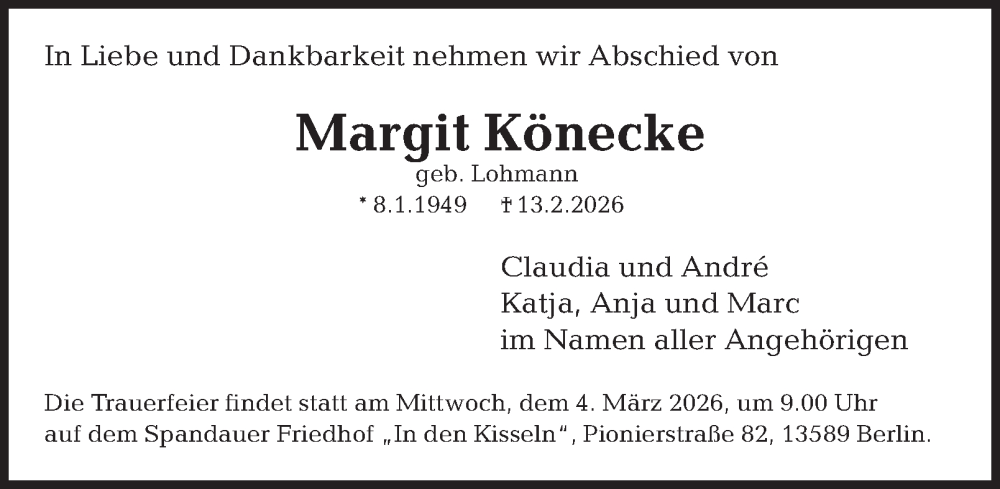  Traueranzeige für Margit Könecke vom 28.02.2026 aus 