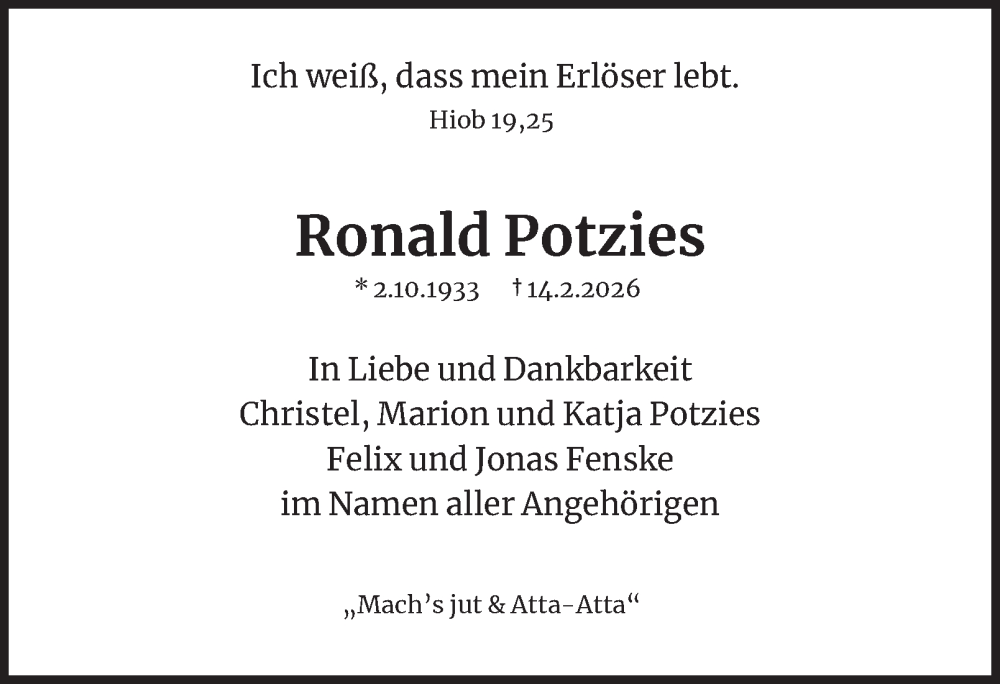  Traueranzeige für Ronald Potzies vom 28.02.2026 aus 