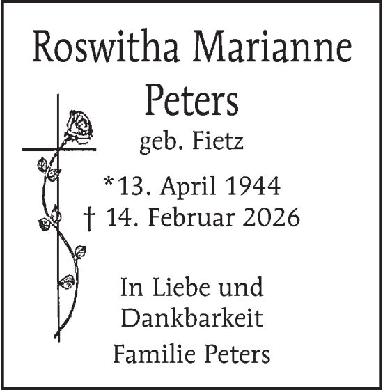 Traueranzeige von Roswitha Marianne Peters von Berliner Morgenpost