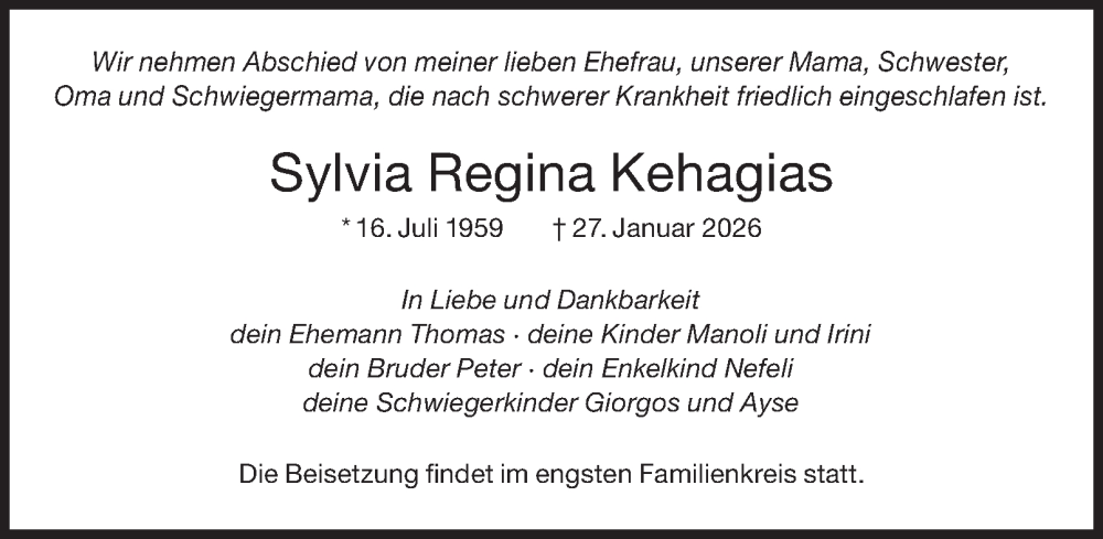  Traueranzeige für Sylvia Regina Kehagias vom 14.02.2026 aus 
